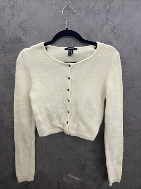 Forever 21 Cream Fuzzy Button-Up Crop Cardigan